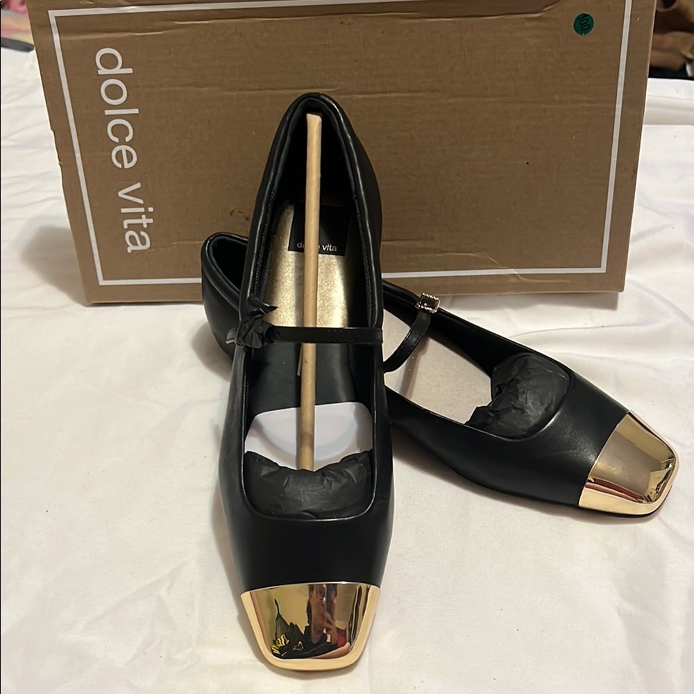 Dolce Vita Black Flats with Gold Accents